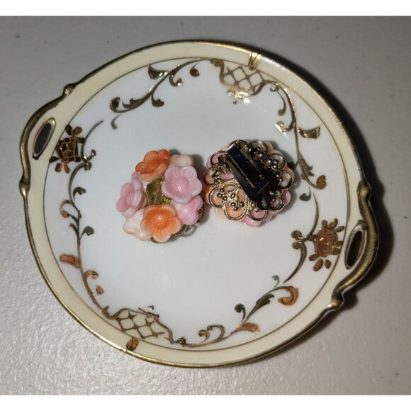 Vintage Floral Clip-On Earrings with Pink & Orange Flowers Cottage core - Picture 7 of 8
